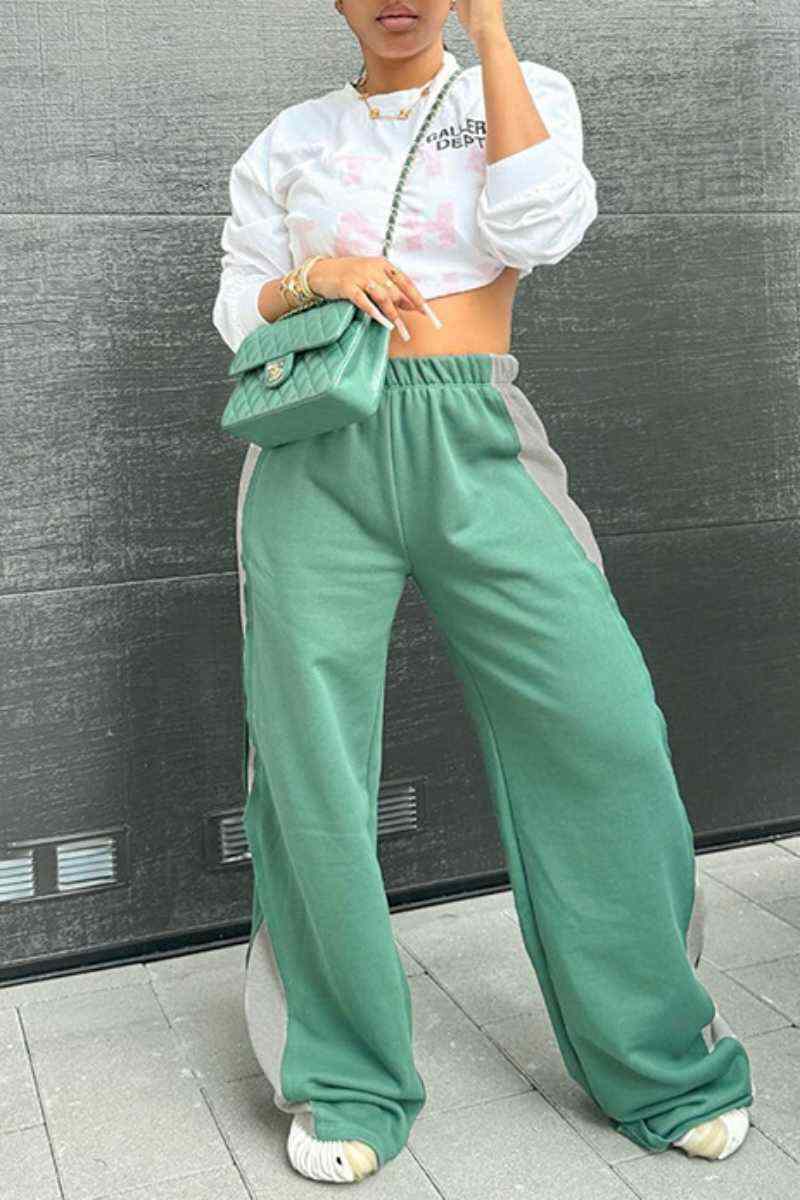 Green Casual Patchwork Contrast Regular High Waist Conventional Patchwork Trousers