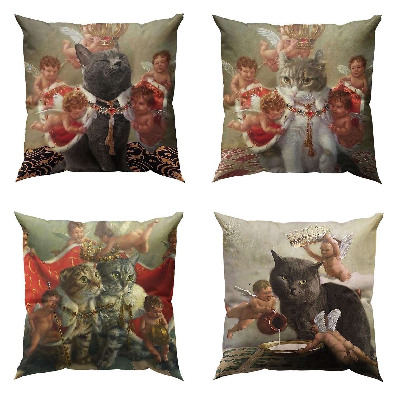 Funny Renaissance Cat Double Side Pillow Cover 4PC