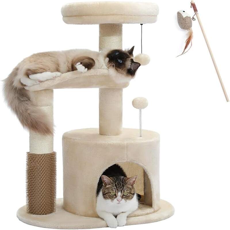 Indoor cat's kitten tree, medium-sized cat tower with interactive cat toys, 32.7-inch cat apartment with self grooming brush, natural cat catching pole, rocking ball for small and medium-sized cats