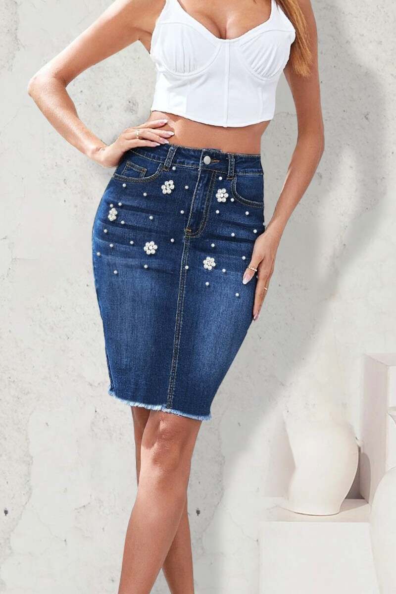 Dark Blue Casual Patchwork Pearl High Waist Regular Denim Skirts