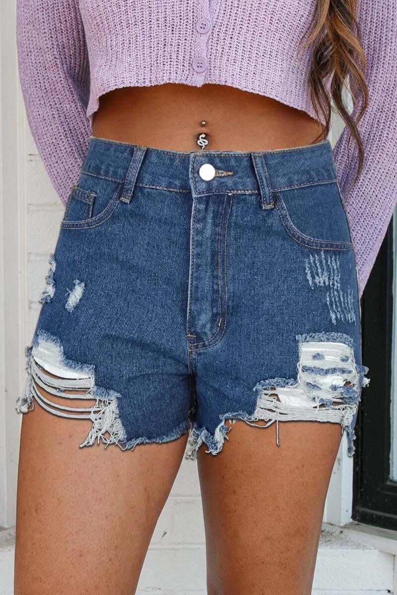 Deep Blue Casual Solid Ripped High Waist Regular Denim Shorts