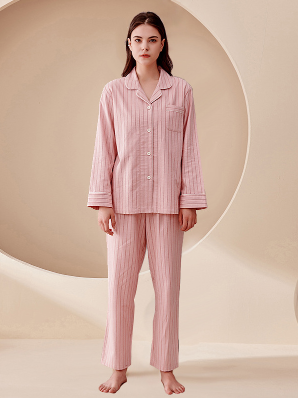 Simple Striped V Neck Regular Long Sleeve Cotton couple pajamas Set