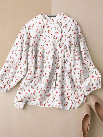 Women Blouses & Shirts | Allover Floral Print Button Long Sleeve Stand Collar Blouse - KG53914