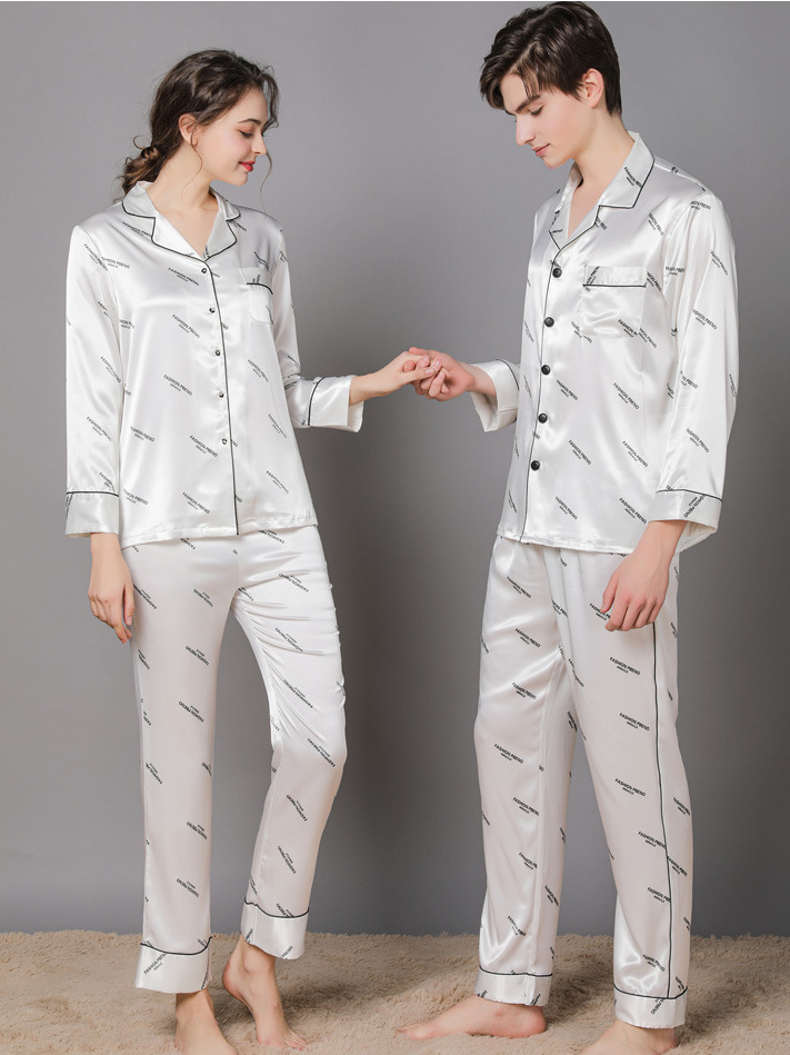 Regular Fit Casual Ice Silk Long Sleeve Couple Pajama Set