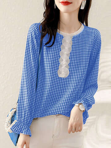 Women Blouses & Shirts | Check Print Long Sleeve Crew Neck Panel Blouse - HR85805