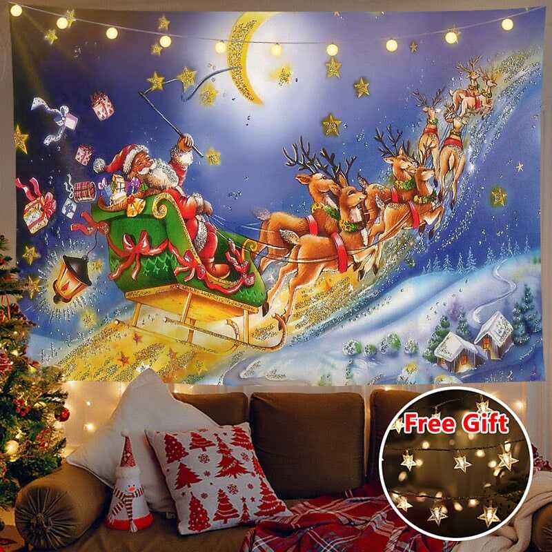 Christmas Decor LED Lights Wall Tapestry Santa Claus Christmas Tree Print
