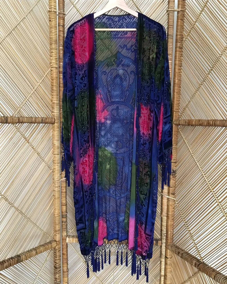 Mid-Length Kimono Fringed Velvet Cardigan Jacket