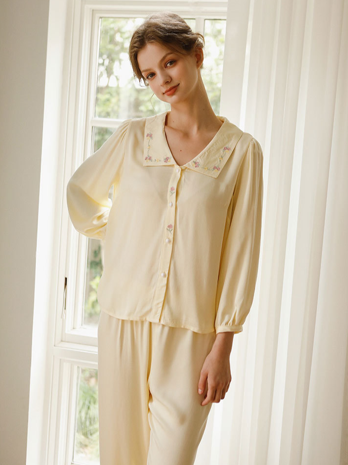 V Neck Elegant Regular Fit Long Sleeve Pajama Set