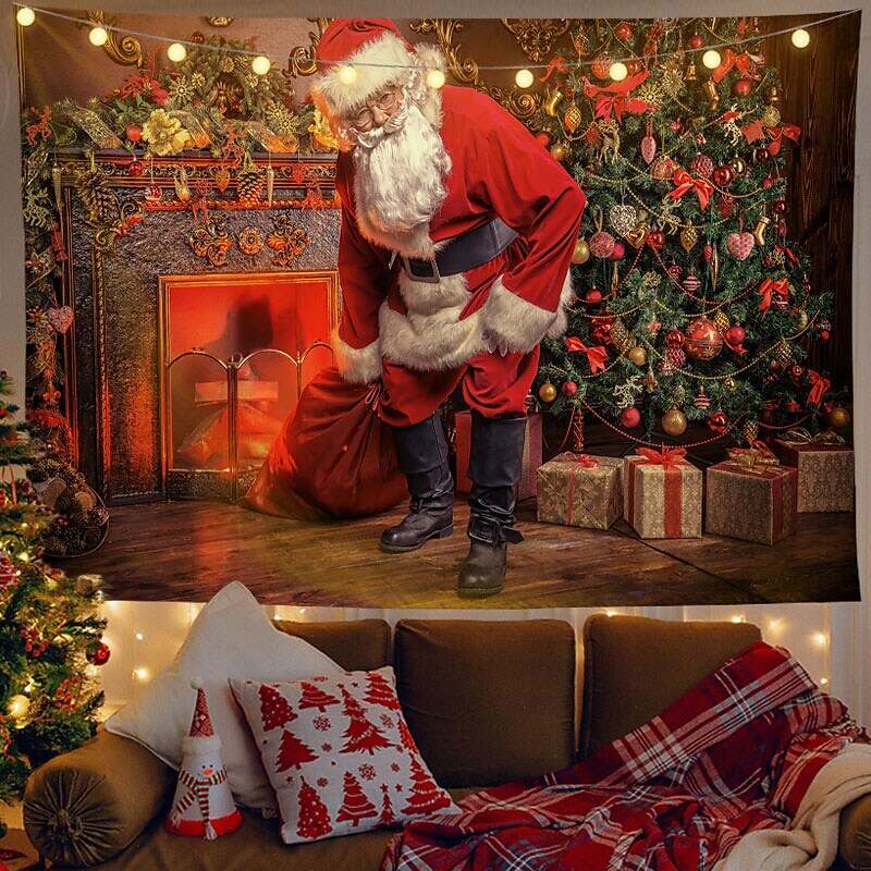 Christmas Decor LED Lights Wall Tapestry Santa Claus Christmas Tree Print