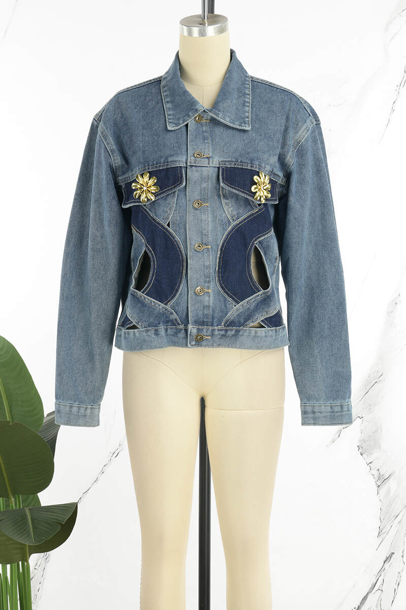 Blue Casual Patchwork Buttons Turndown Collar Long Sleeve Regular Denim Jacket (Subject To The Actual Object)