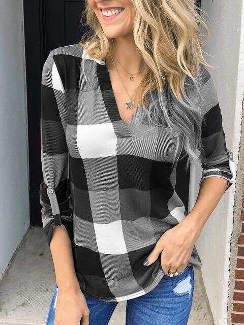 Long Sleeve Plaid Print V-neck Tops