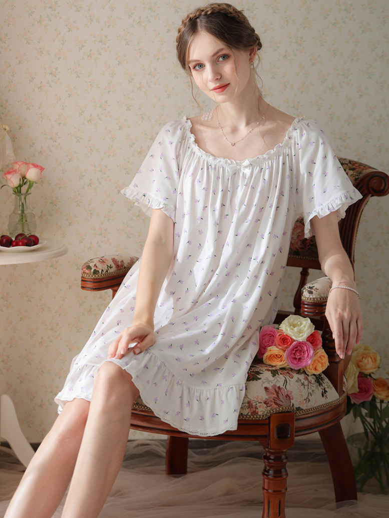 Simple Plain Cotton Floral Others Nightdress