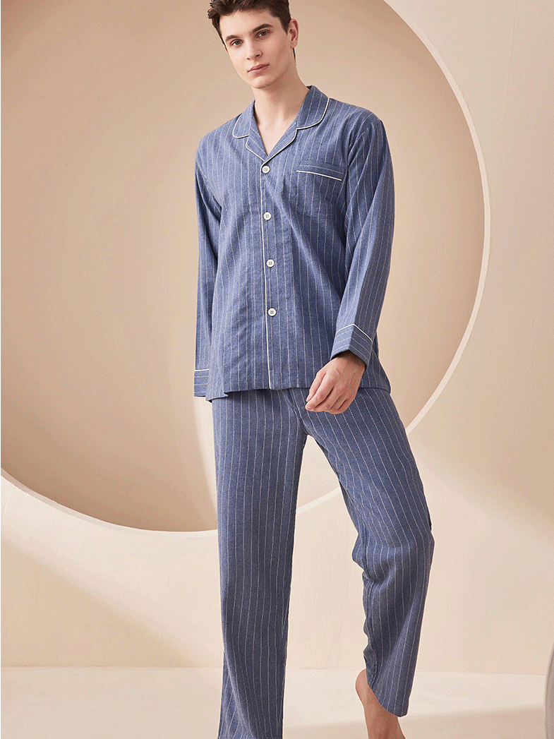 Simple Striped V Neck Regular Long Sleeve Cotton couple pajamas Set