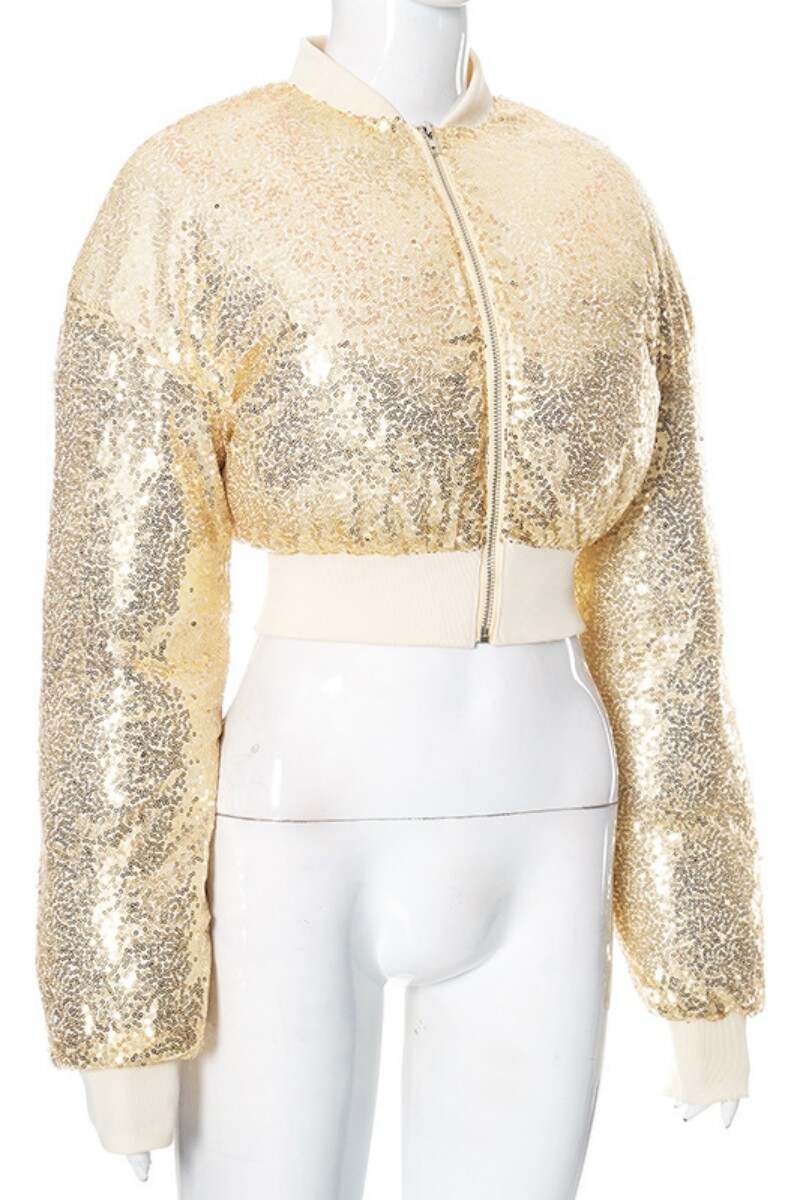 Yellow Casual Patchwork Sequins O Neck Outerwear