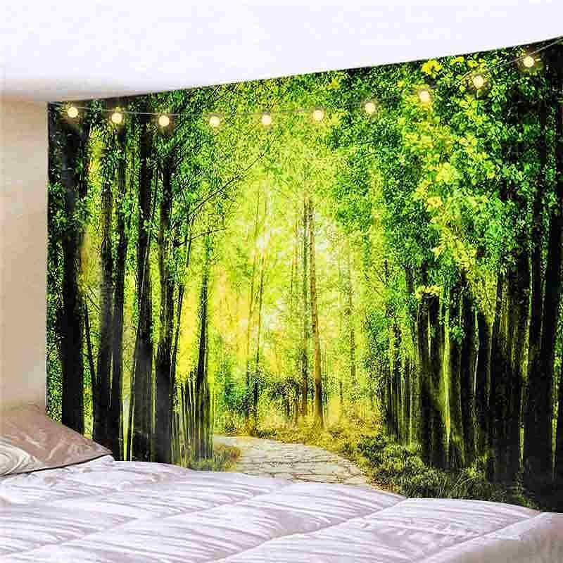 Landscape LED Lights Wall Tapestry Art Decor Forest Sunshine Waterfall Print