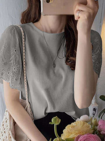 Women Blouses & Shirts | Lace Ruffle Sleeve Crew Neck Solid Casual Blouse - KR35330