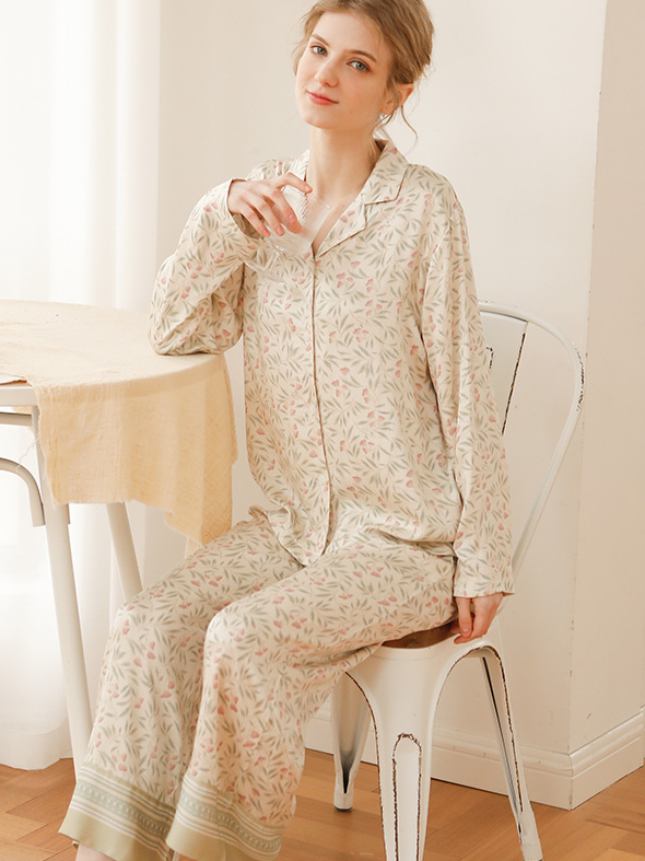 Loose V Neck Casual Floral Long Sleeve Pajama Set