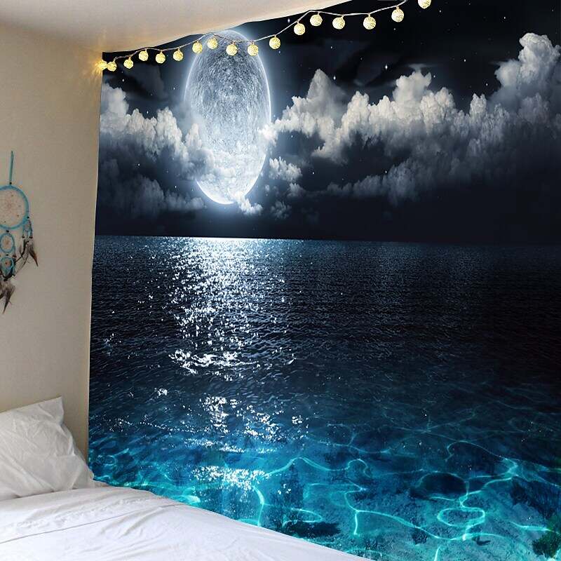 Moon Sea Sky Wall Tapestry Art Decor Landscape Full Night Ocean Cloud