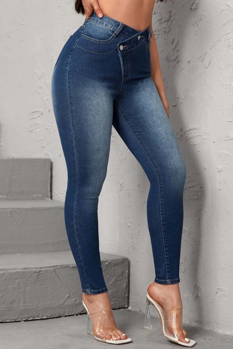 Light Blue Casual Solid Patchwork High Waist Skinny Denim Jeans