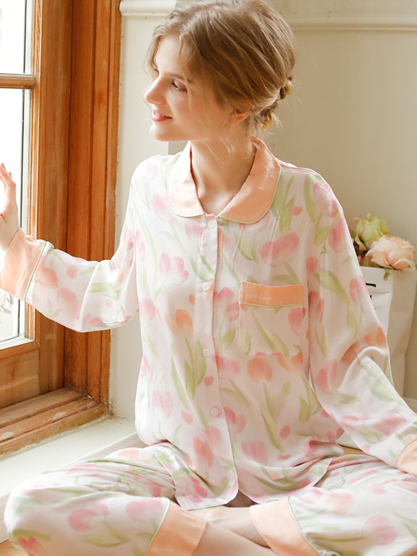 Floral Shawl Collar Simple Loose Long Sleeve Pajama Set