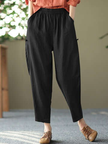 Women Pants & Capris | Solid Pocket Elastic Waist Casual Cotton Pants - VD36288