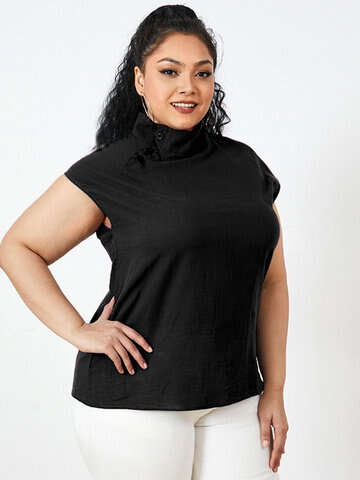 Women Plus Size Blouses & Shirts | Solid Color Stand Collar Short Sleeve Plus Size Button Blouse for Women - JK06833