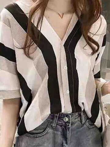 Women Blouses & Shirts | Stripe Print Button Loose V-neck Half Sleeve Blouse - DE62361
