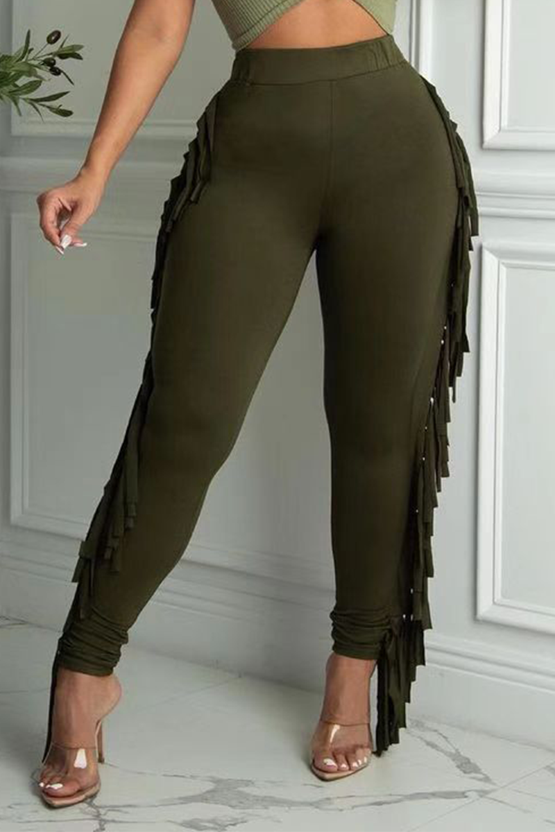 Champagne Sexy Solid Tassel Skinny High Waist Pencil Solid Color Bottoms