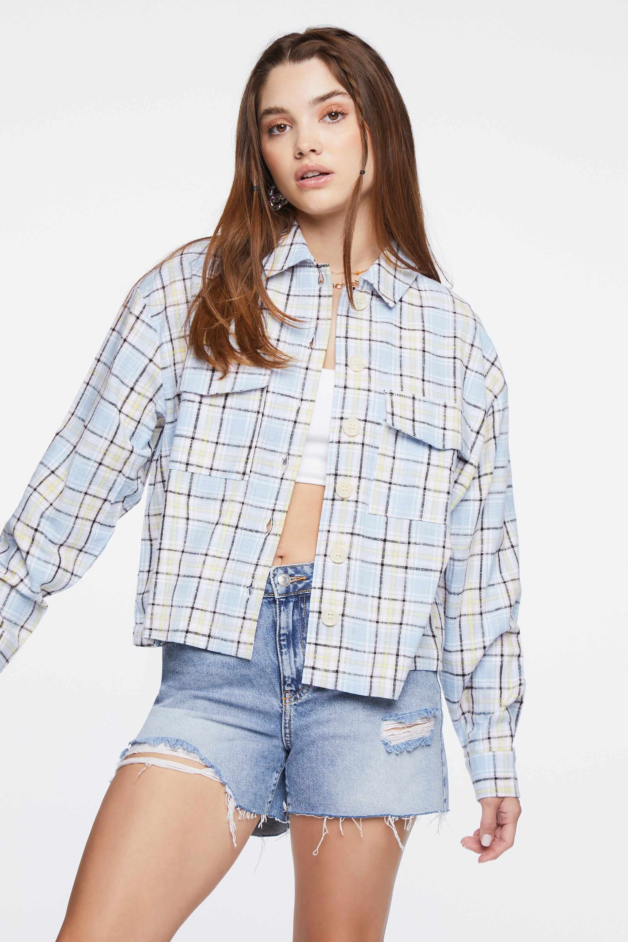 Women Apparel | Plaid Button-Front Shacket Light Blue Forever21 - SU99823