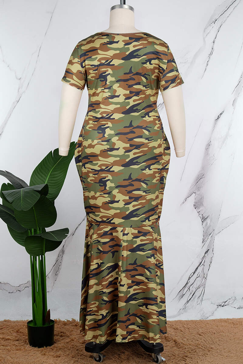 Camouflage Casual Street Print Patchwork O Neck Trumpet Mermaid Dresses