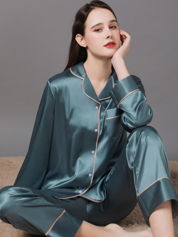 Ice Silk Plain Shawl Collar Casual Long Sleeve Couple Pajama Set