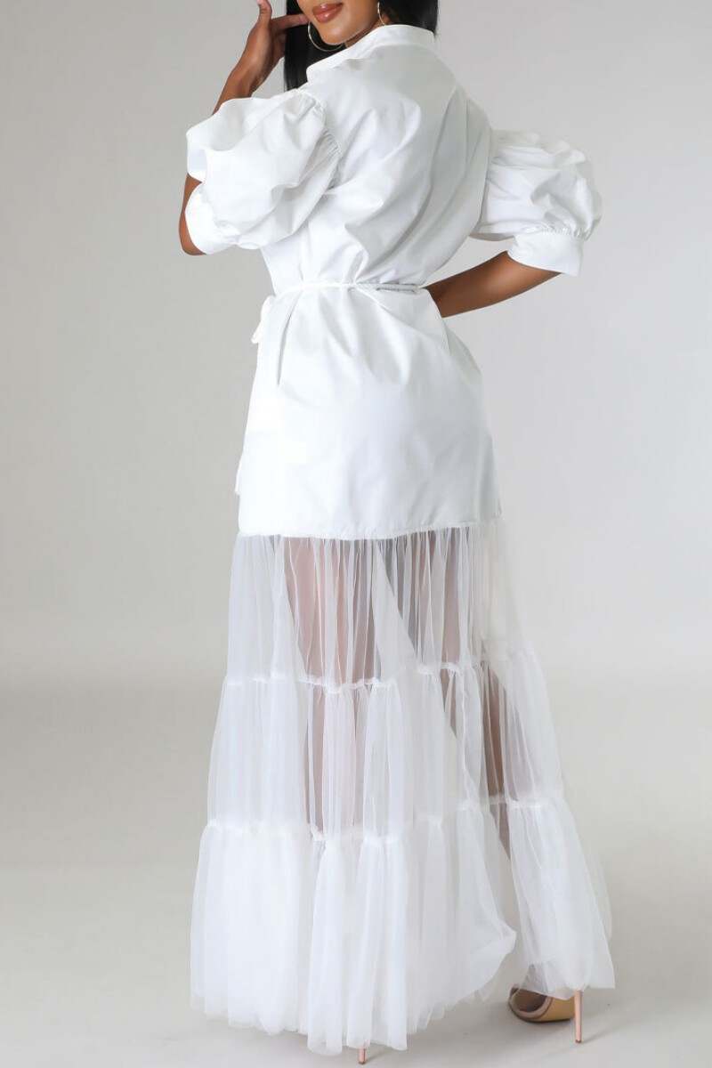 White Casual Solid Patchwork Turndown Collar Shirt Dress Dresses(With a belt)