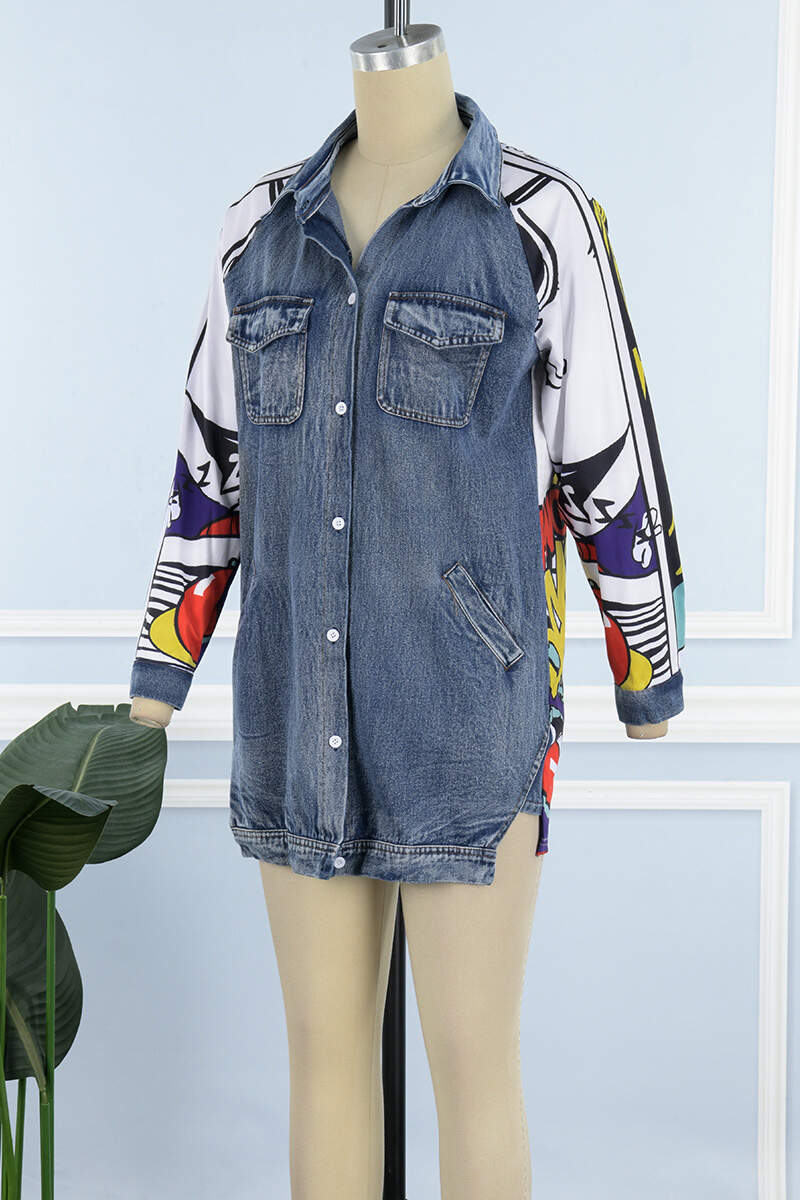 The cowboy blue Casual Print Patchwork Turndown Collar Long Sleeve Regular Denim Jacket