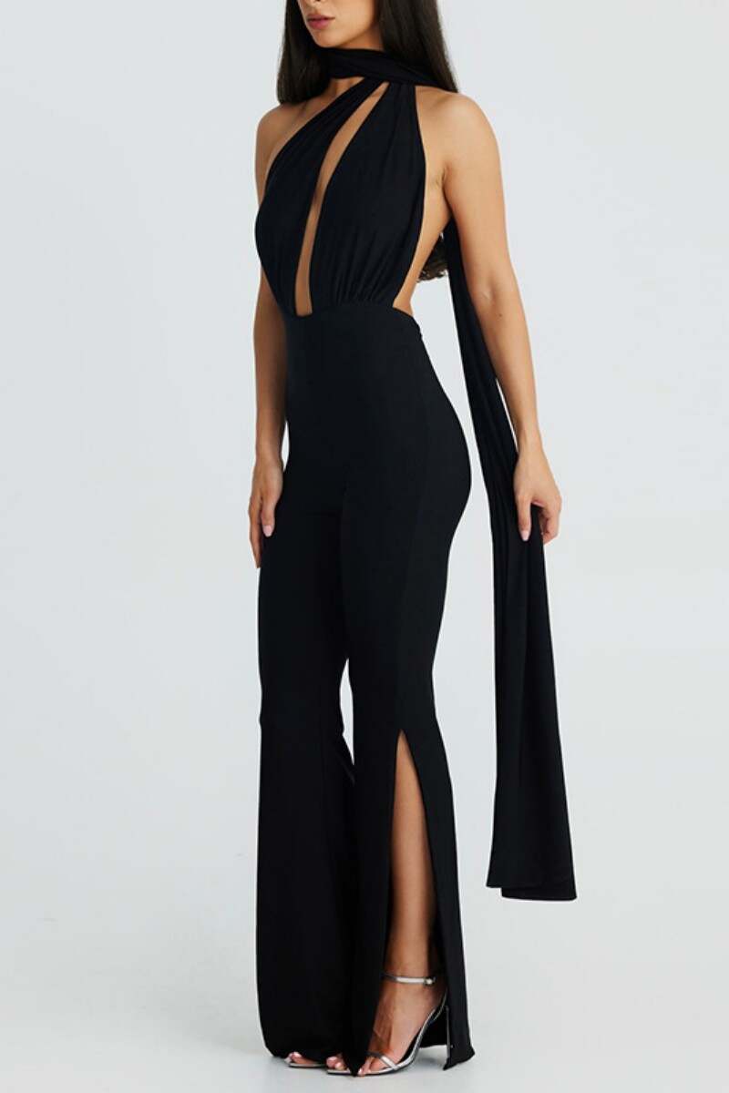 Black Sexy Solid Hollowed Out Backless Slit Halter Skinny Jumpsuits