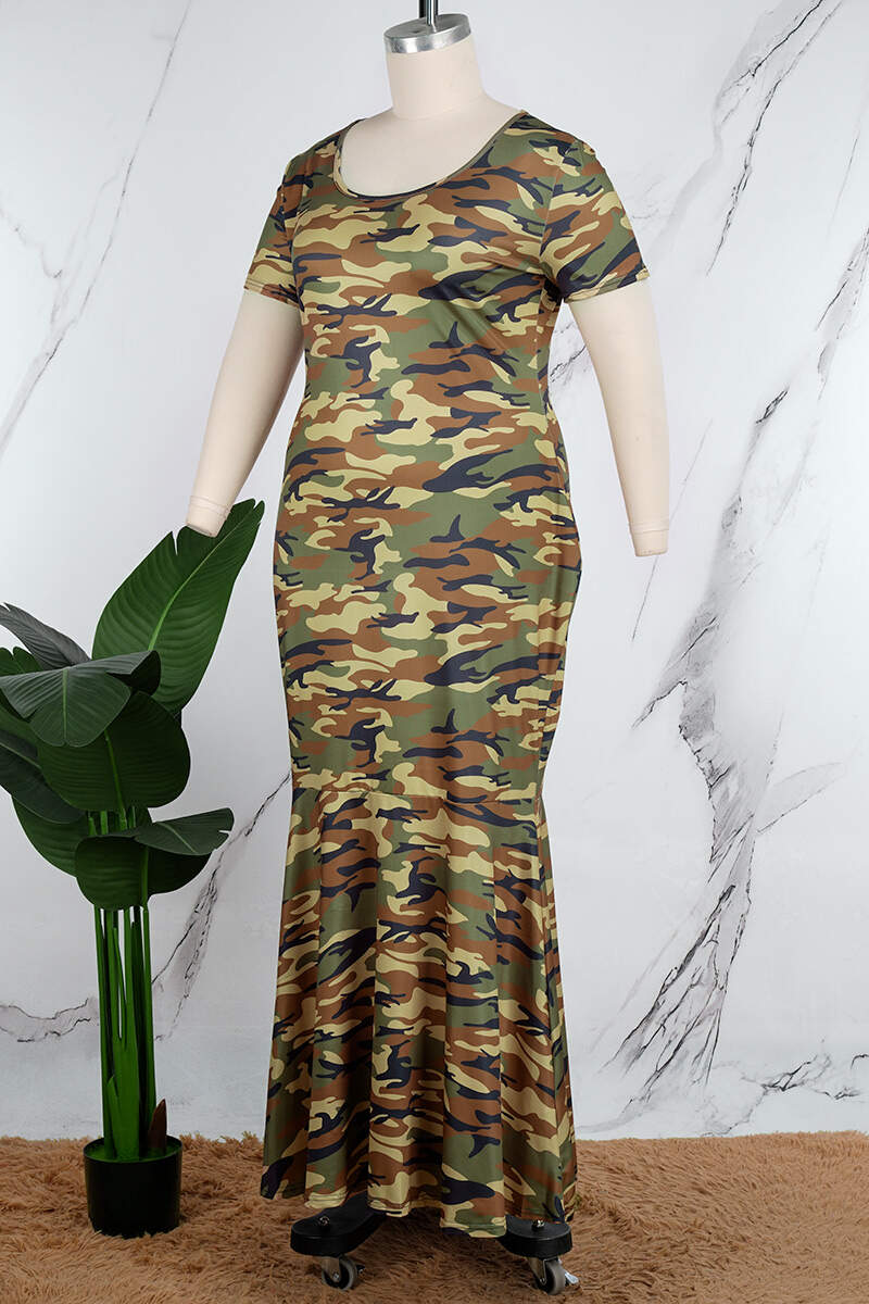 Camouflage Casual Street Print Patchwork O Neck Trumpet Mermaid Dresses