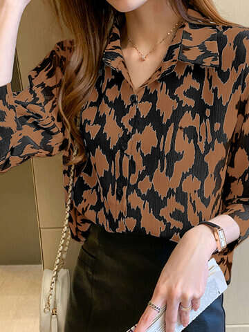 Women Blouses & Shirts | Women Print Long Sleeve Lapel Button Front Shirt - YP98412