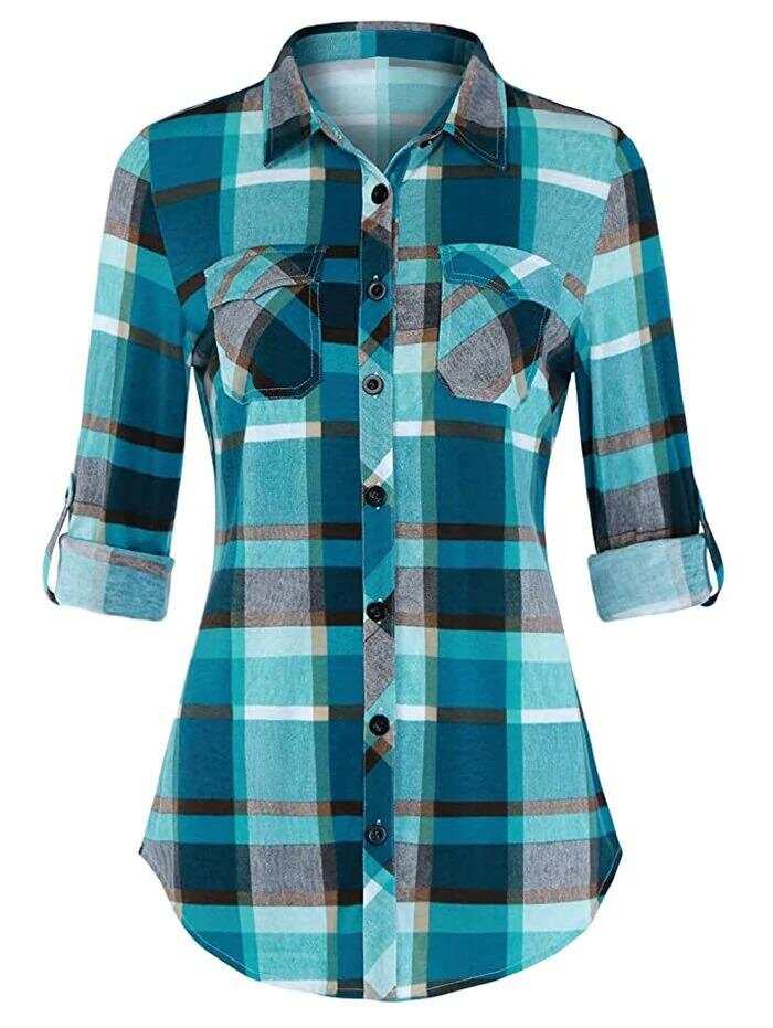 Women Plus Size Plaid Sleeve Shirt