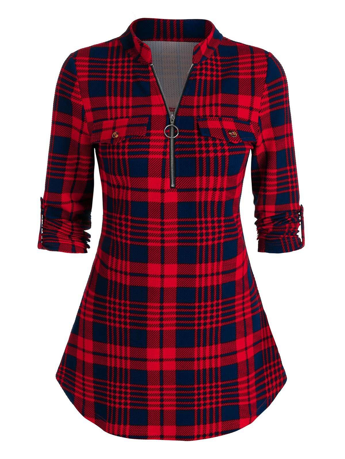 Women Plaid Print Half Zip Sleeve Blouse