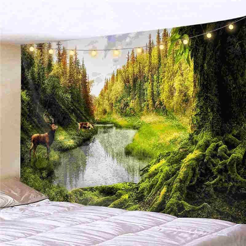 Landscape LED Lights Wall Tapestry Art Decor Forest Sunshine Waterfall Print