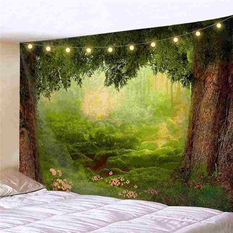 Landscape LED Lights Wall Tapestry Art Decor Forest Sunshine Print