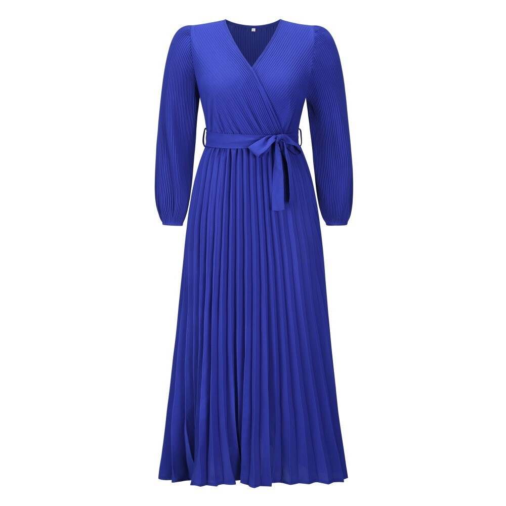 V-neck long-sleeved pleated A-line women's dress