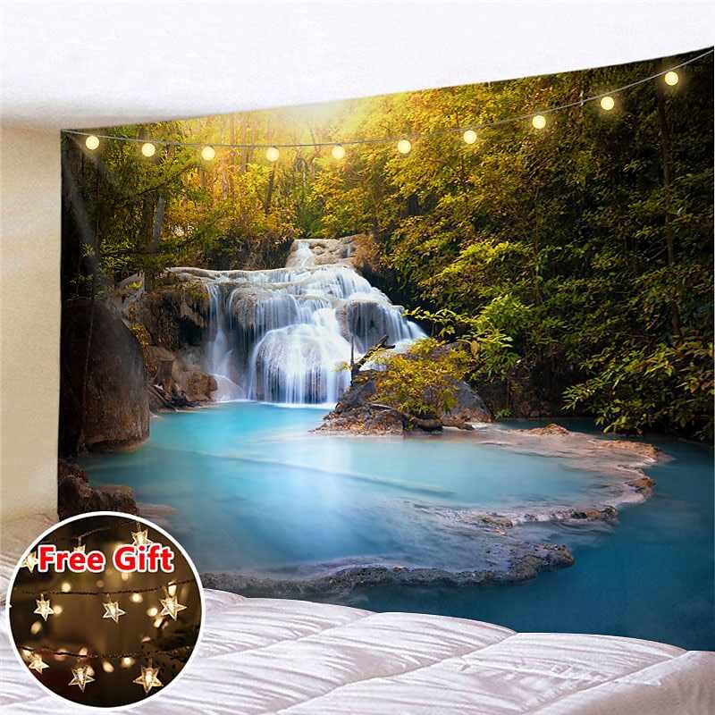 Landscape LED Lights Wall Tapestry Art Decor Forest River Waterfall Print