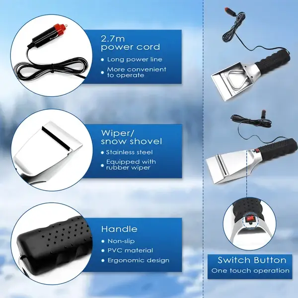 Heated Snow Ice Scraper for Car 12V Plug into Cigarette Lighter