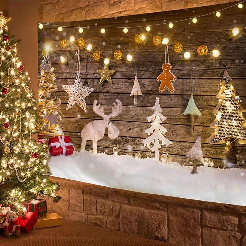 Christmas Decor LED Lights Wall Tapestry Snow Christmas Tree Print