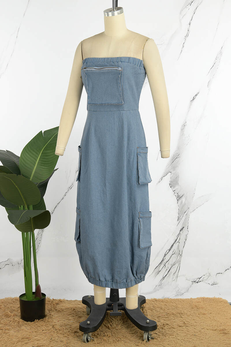 Baby Blue Street Solid Patchwork Pocket Zipper Strapless Sleeveless High Waist Straight Denim Dresses