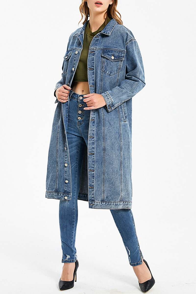 Blue Casual Solid Patchwork Turndown Collar Long Sleeve Regular Denim Jacket