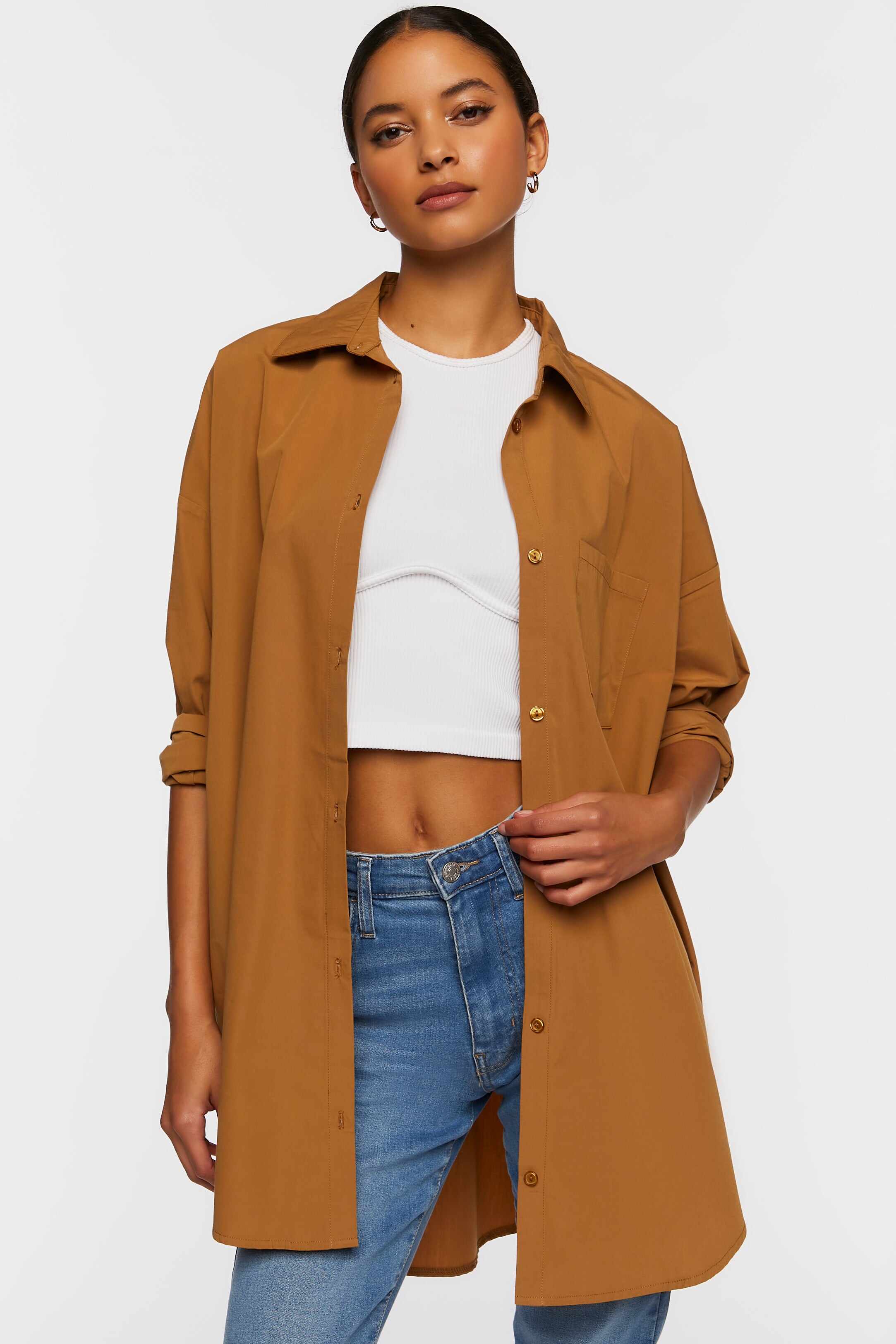 Women Apparel | Oversized Longline Poplin Shirt Dark Brown Forever21 - ZJ71901