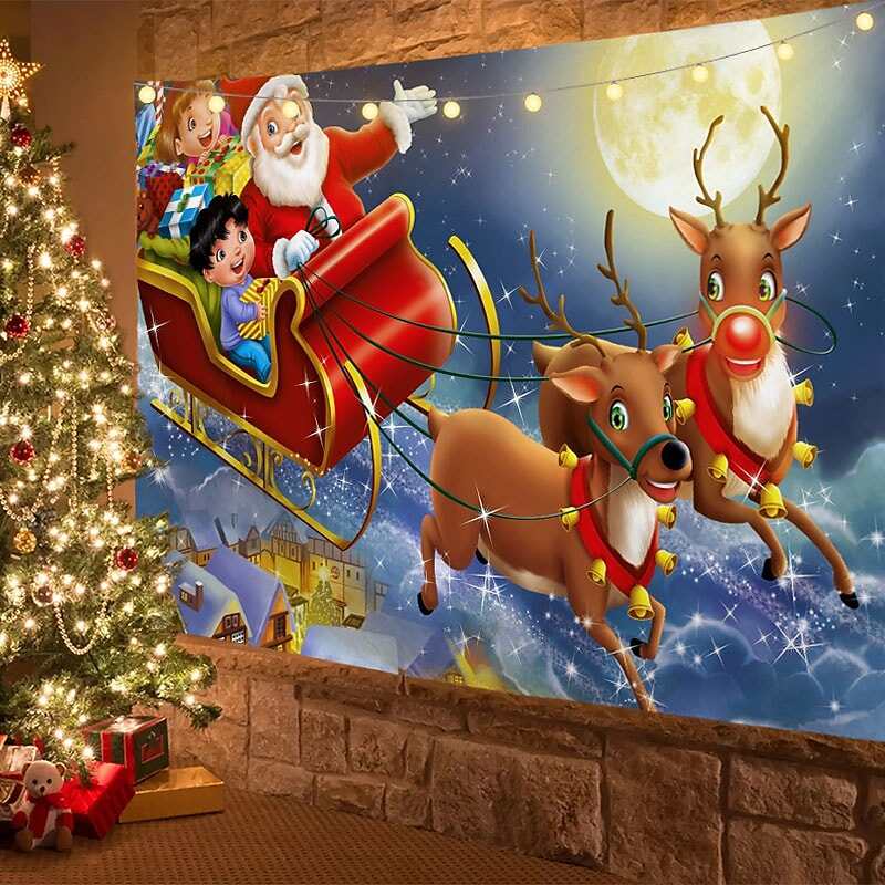 Christmas Decor LED Lights Wall Tapestry Santa Claus Christmas Tree Print