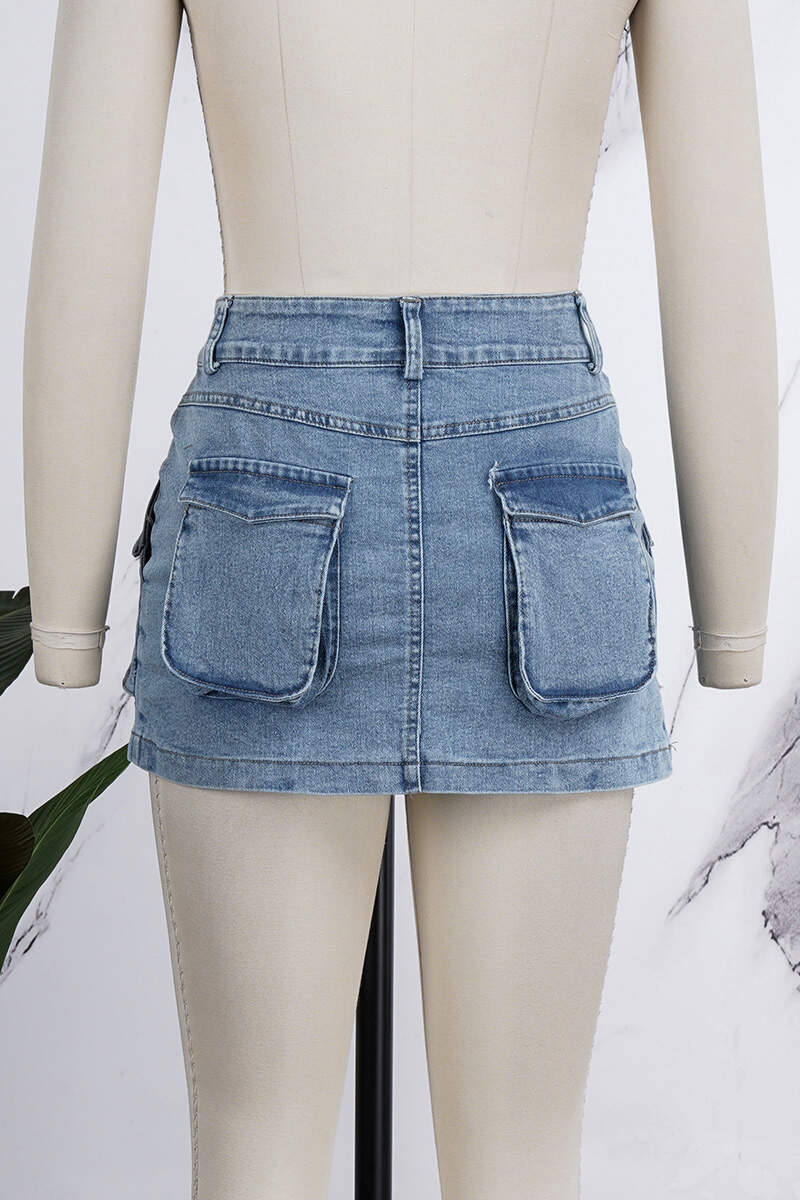 Royal Blue Casual Solid Patchwork High Waist Skinny Denim Skirts