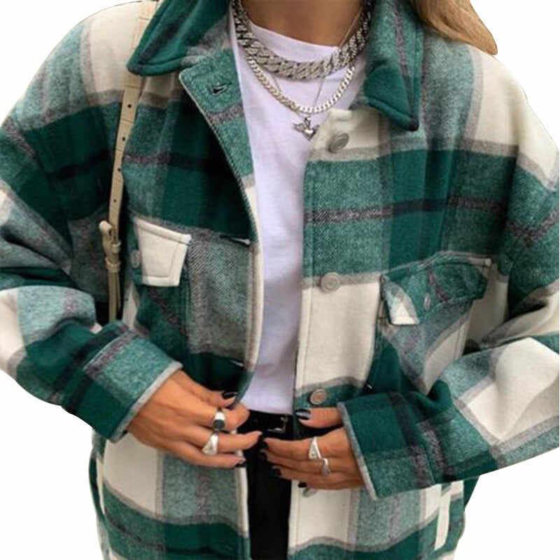 Casual Woolen Long-sleeved Plaid Jacket